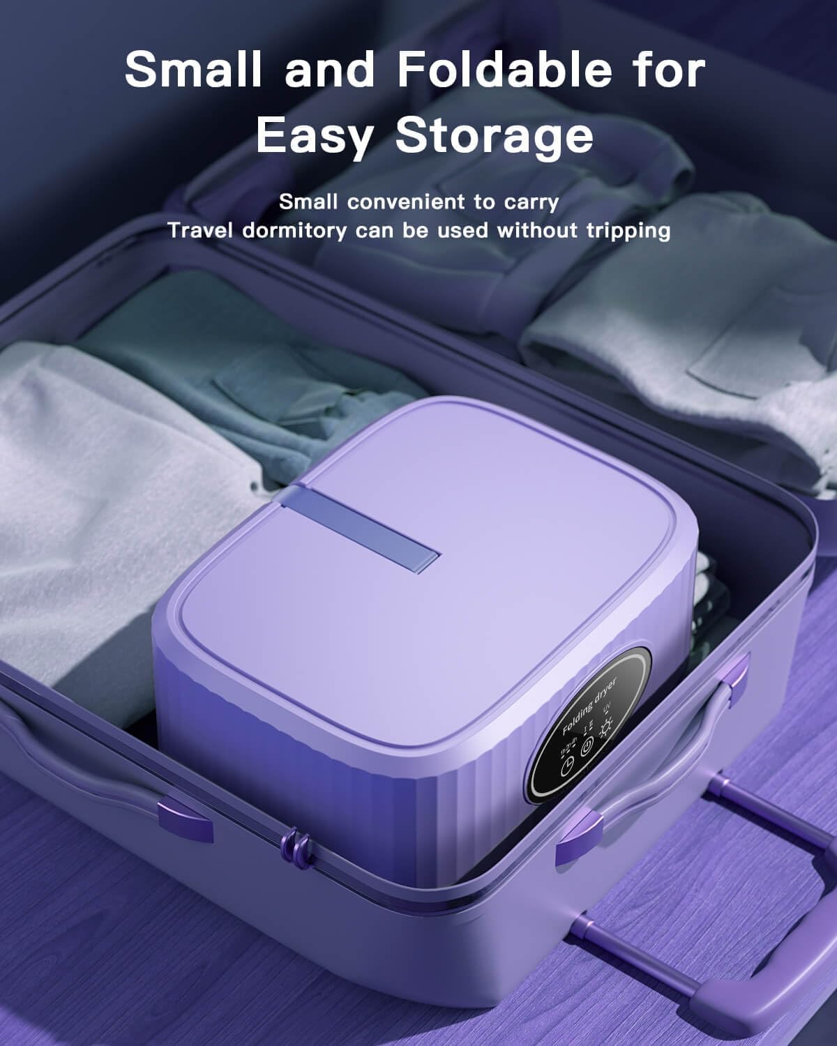 GlowDryer foldable clothes dryer for travel and small spaces
UV light portable clothes dryer for apartment and dorm use
Compact electric dryer for baby clothes, underwear and delicates
Lightweight collapsible dryer with 1h 2h 4h timer and energy-saving feature
Travel-friendly laundry drying solution with UV sanitization
