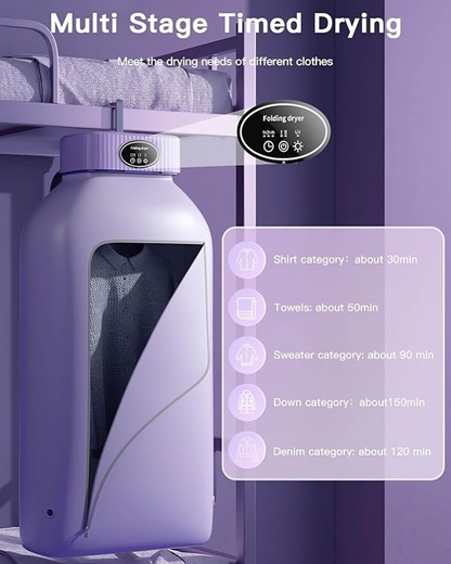 GlowDryer foldable clothes dryer for travel and small spaces
UV light portable clothes dryer for apartment and dorm use
Compact electric dryer for baby clothes, underwear and delicates
Lightweight collapsible dryer with 1h 2h 4h timer and energy-saving feature
Travel-friendly laundry drying solution with UV sanitization

