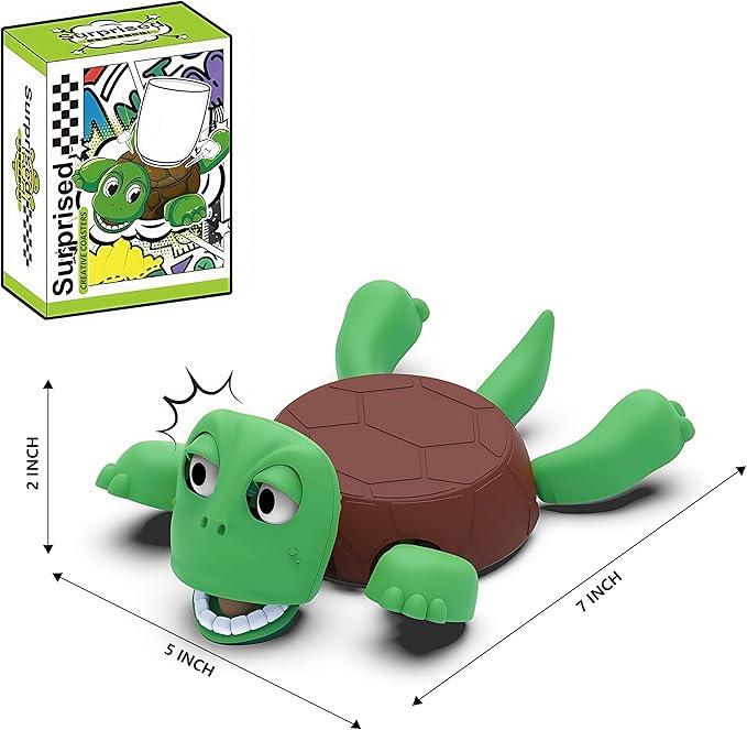 Funny turtle-shaped coaster holding a coffee mug