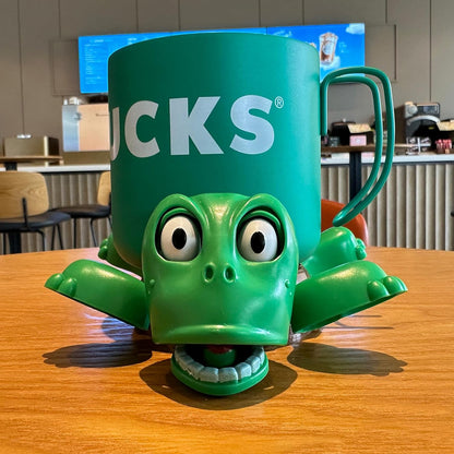Funny turtle-shaped coaster holding a coffee mug